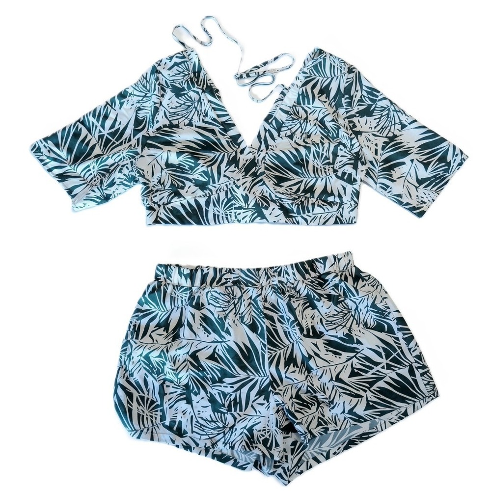 Shein Curve Short and Halter Set, Green Planty Print, Polyester, Size 2XL, Cute!